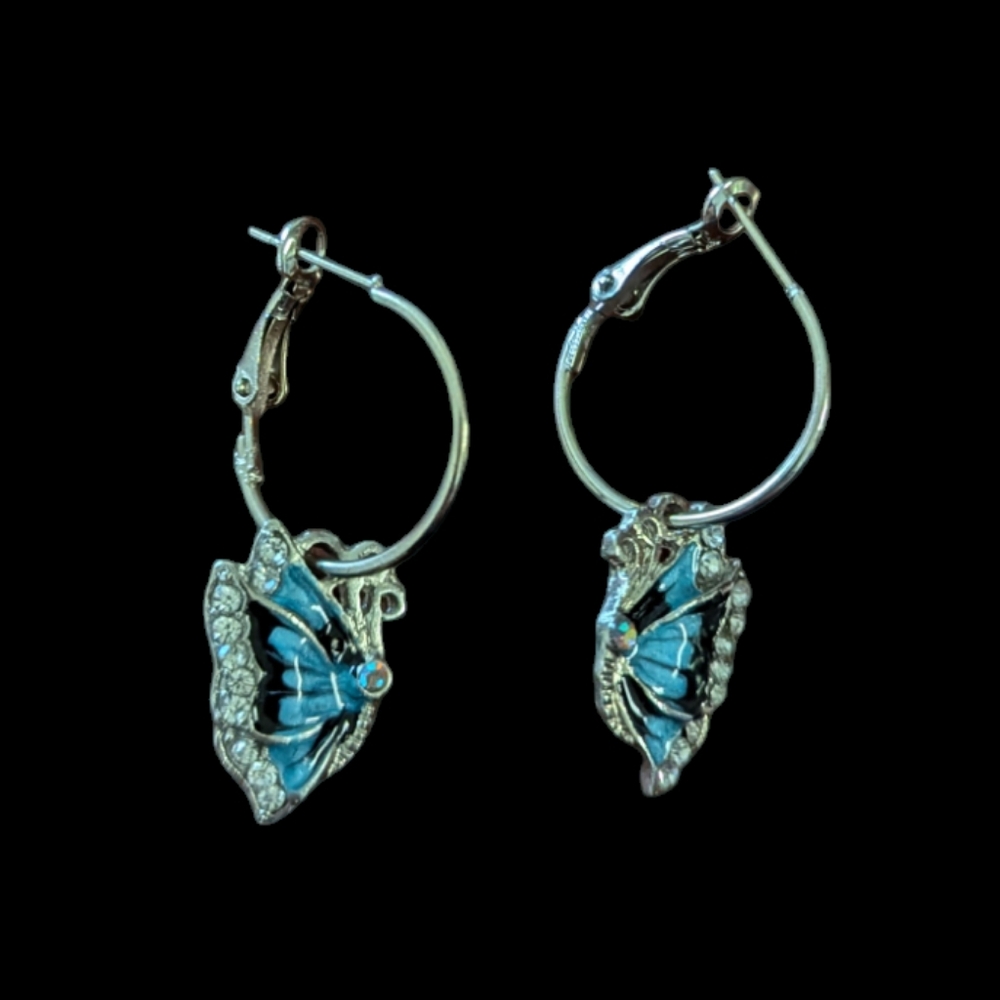 Rhinestone Butterfly Hoop Earrings Silver and Teal